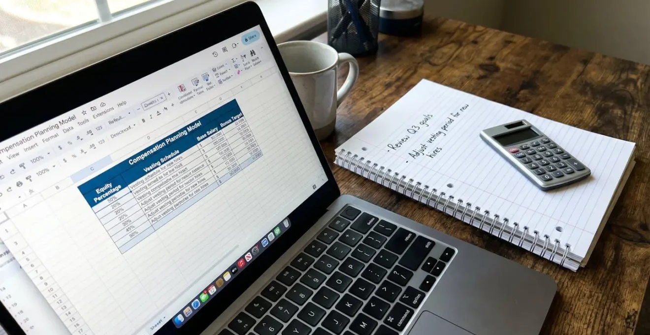 Compensation planning spreadsheet displayed on laptop with handwritten notes and calculator on clean modern desk