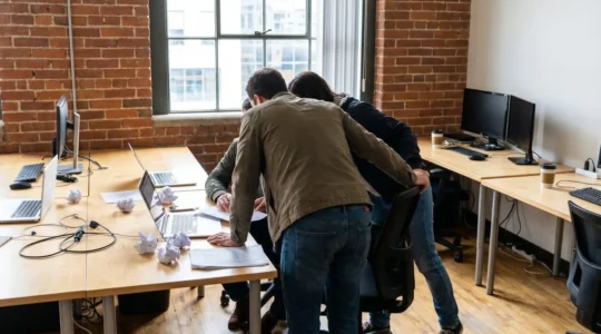 Two professionals collaborating over laptop in contemporary startup office with natural lighting and minimal furnishings